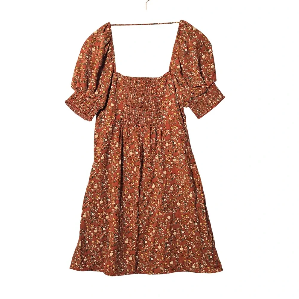 Trixxi Floral Puff Sleeve Mini Dress Rust Orange M Cottagecore Boho Romantic - Picture 5 of 12